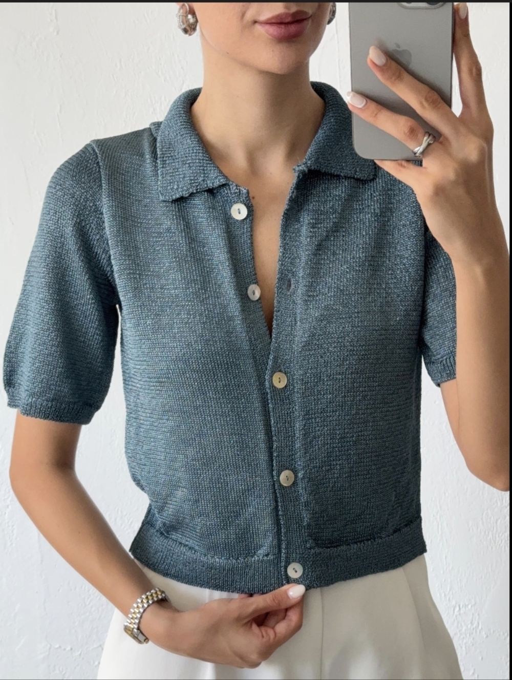 Metallic Blue Knit Cardigan Top